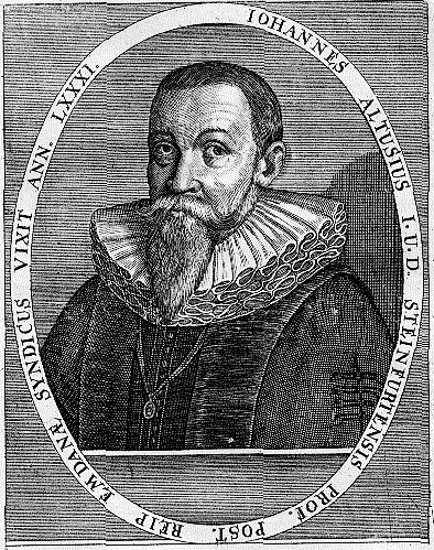 Engraved portrait of Johannes Althusius in a ruff collar, inside an oval Latin inscription