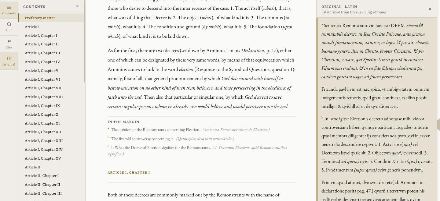 The Coronis open in the Commonplace reader: table of contents on the left, the English translation with footnotes in the middle, and the 1618 Latin in a side panel on the right